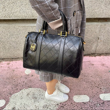 CHANEL Duffle Flat Quilt Boston  Black Leather