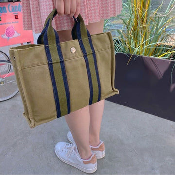HERMES Green Leather/canvas Fourre Tout PM Tote Bag