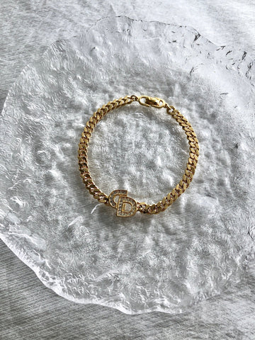Christian Dior CD Logo Motif Rhinestone Bracelet Gold Vintage chgiwy