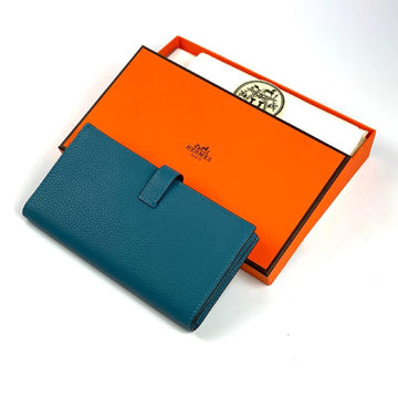 Hermès Blue Bearn Compact Wallet, Leather Etoupe and Gold Hardware