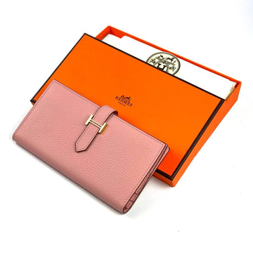 HERMES PINK Bearn Compact Wallet, Leather Etoupe and Gold Hardware