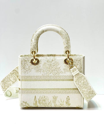 MEDIUM LADY D-LITE BAG In Beige Stripes Embroidery