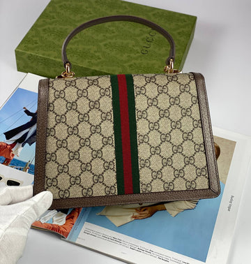 Gucci Ophidia small top handle bag Beige and ebony GG Supreme Leather/canvas