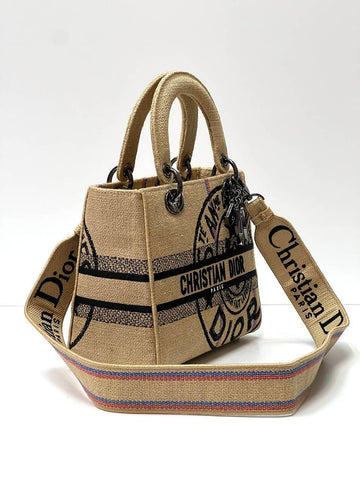 MEDIUM LADY D-LITE BAG Beige Jute Leather/canvas