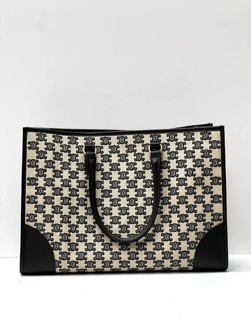 MINI HORIZONTAL CABAS IN TEXTILE WITH TRIOMPHE EMBROIDERY AND CALFSKIN BLACK