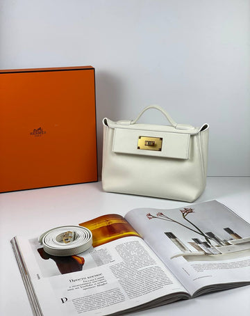 Hermes 24/24 Bag Evercolor with Leather 21  white Gold Hardware