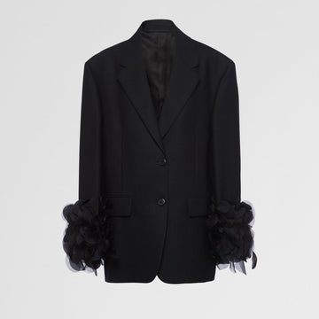 Single-breasted wool jacket with feather trim