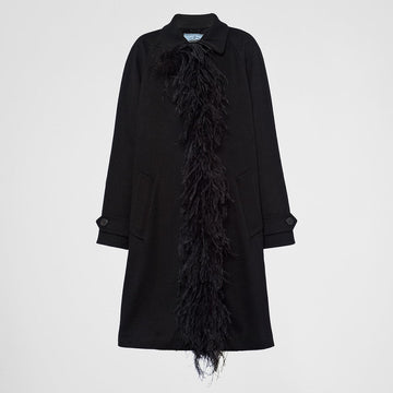 Single-breasted cashmere coat with feathers