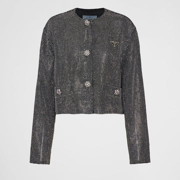 Single-breasted rhinestone encrusted mesh jacket