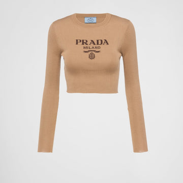 Cropped silk sweater with logo