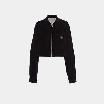 Black Velvet Boxy Denim Blouson Jacket