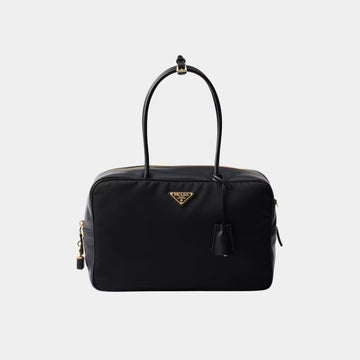 Large Re-Nylon And Leather Top Handle Bag With Padlock