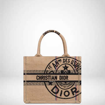 DIR SMALL JUTE CANVAS EMBROIDERED BEIGE BOOK TOTE