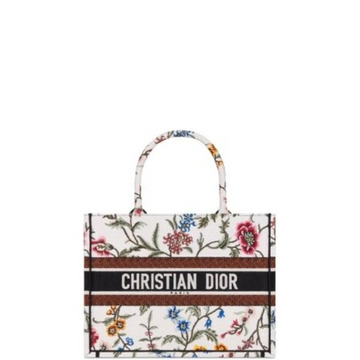 DIR 35CM MEDIUM BOOK TOTE WHITE MULTICOLOR PETITES FLEURS EMBROIDERY