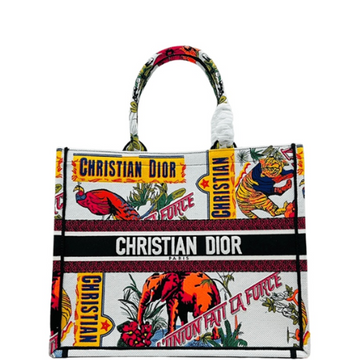 LARGE DIR 42CM BOOK TOTE WHITE MULTICOLOR INDIAN ANIMALS EMBROIDERY