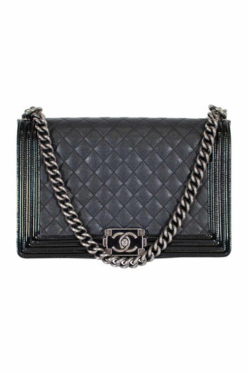 Top Quality Chanel Black grained calfskin quilted 'Boy' bag with ruthenium-finish hardware and patent border in 'New Medium' size