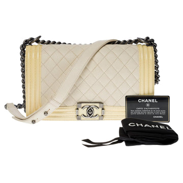 Top Quality Chanel Boy medium shoulder bag in beige Leather & Yellow patent leather, SHW