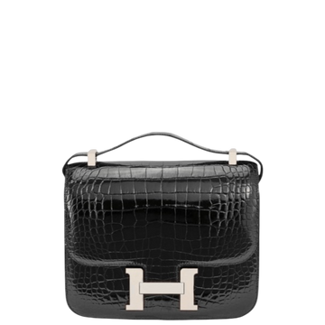 HERMÈS BLACK 19CM MINI CONSTANCE 19 SHINY ALLIGATOR PALLADIUM HARDWARE