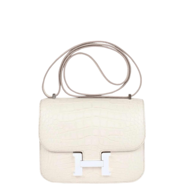 HERMÈS WHITE 19CM MINI CONSTANCE 19 SHINY ALLIGATOR PALLADIUM HARDWARE