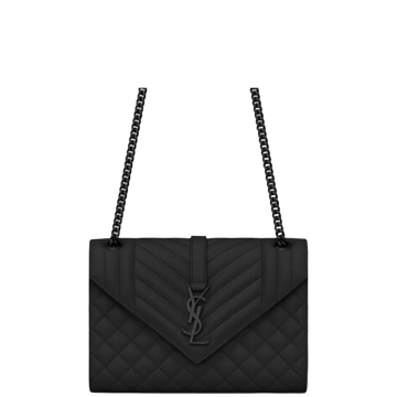 SAINT LAURENT ENVELOPE MEDIUM CHAIN BAG IN MIX MATELASSE GRAIN DE POUDRE EMBOSSED BLACK NOIR 24CM