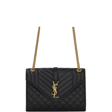 SAINT LAURENT ENVELOPE MEDIUM CHAIN BAG IN SUPPLE MATELASSE LEATHER BLACK GOLD 24CM
