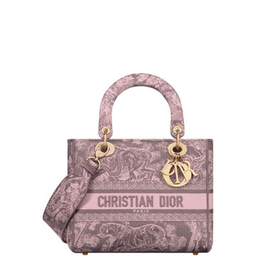 DIR MEDIUM LADY D-LITE BAG PINK AND GRAY TOILE DE JOUY SAUVAGE EMBROIDERY 24CM