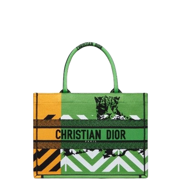 DIR MEDIUM BOOK TOTE BRIGHT GREEN AND BRIGHT YELLOW D-JUNGLE POP EMBROIDERY 36CM