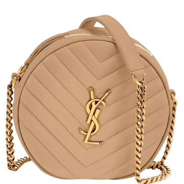 SAINT LAURENT VINYLE ROUND CAMERA BAG IN CHEVRON QUILTED GRAIN DE POUDRE EMBOSSED LEATHER 18CM