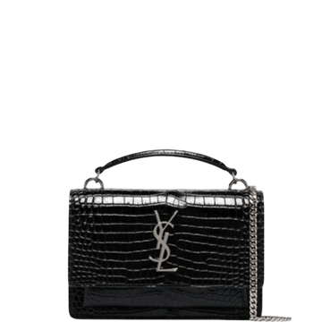 SAINT LAURENT SUNSET CROC BAG EMBOSSED SHINY BLACK SILVER