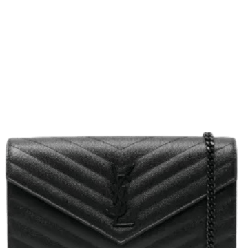 SAINT LAURENT CASSANDRE MATELASSE CHAIN WALLET IN GRAIN DE POUDRE EMBOSSED BLACK NOIR 22CM