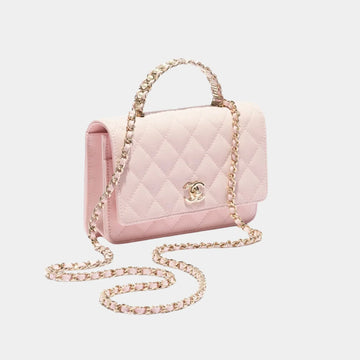 Wallet On Chain Grained Calfskin and Imitation Pearls
