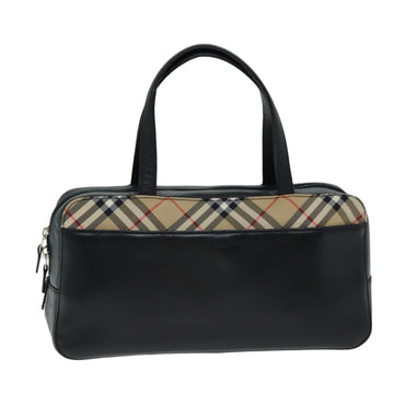 Burberry Nova Check Hand Bag Leather Canvas Black Beige Auth yk13164